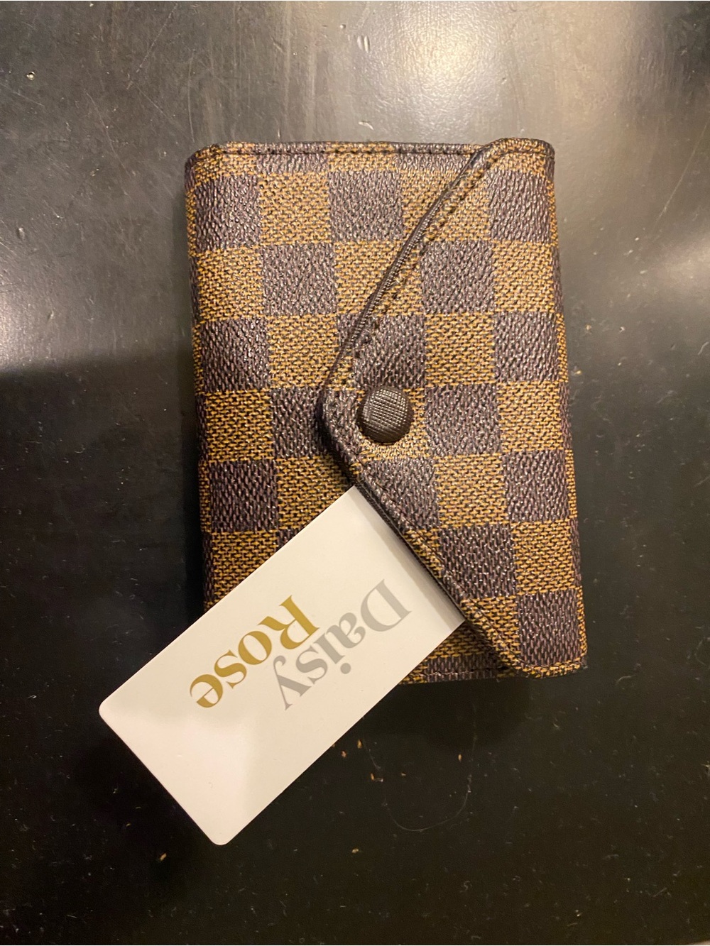 Brown Checkered Card Case with Snap Closure